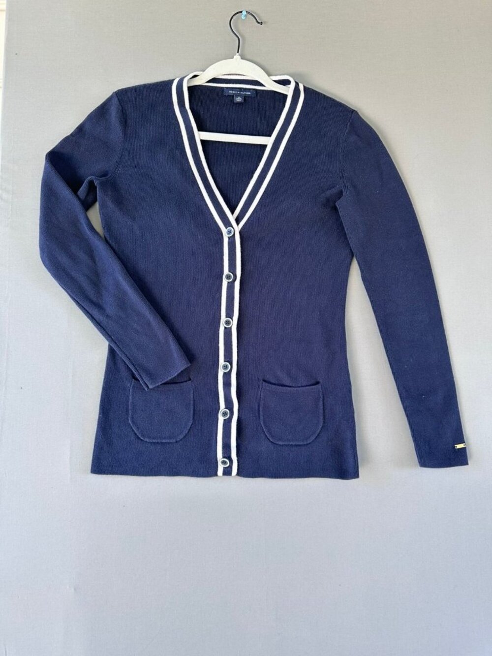 Tommy Hilfiger Navy Blue Cardigan Sweater White Trim Button Front Size XS